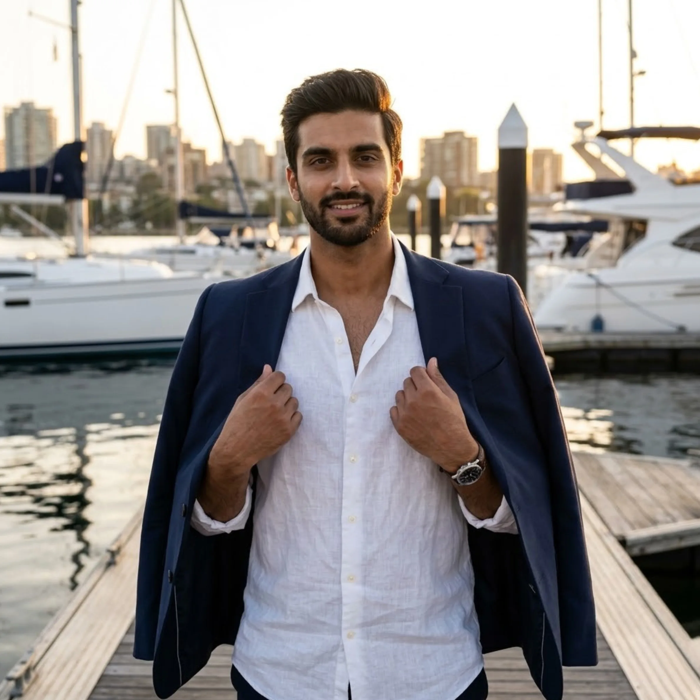Prompt 6 yacht club sunset luxury portrait with warm rim light